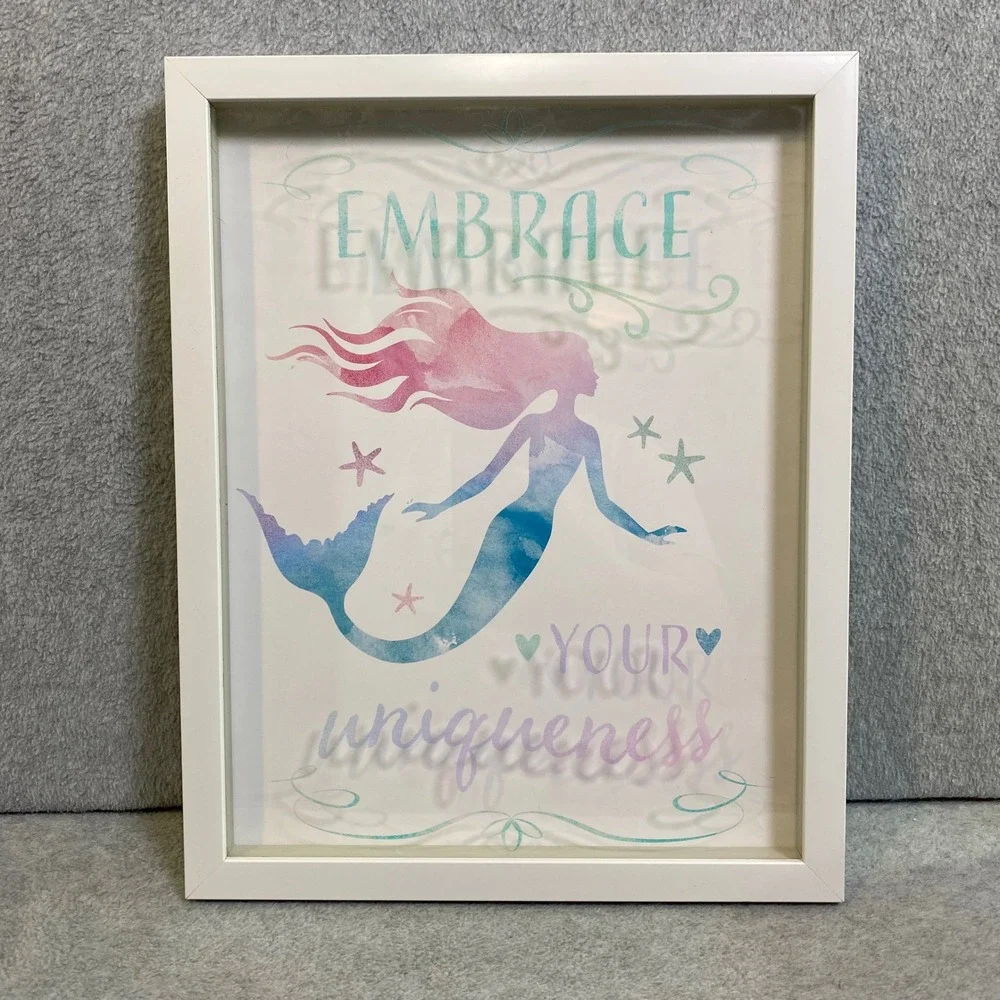 Watercolor Pastel Mermaid Wall Art 12x15 White Embrace Your Uniqueness Decor EUC
